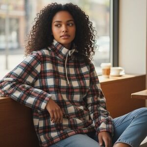 J. Crew Plaid Fleece Half Zip Pullover Sweater Tartan Plaid Women's Size M  Cozy